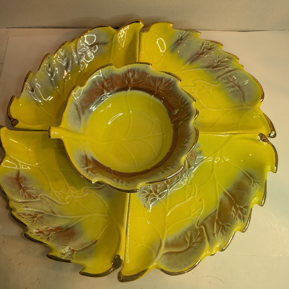 Sunny Yellow California USA 814 pottery lazy susan snack serving set.